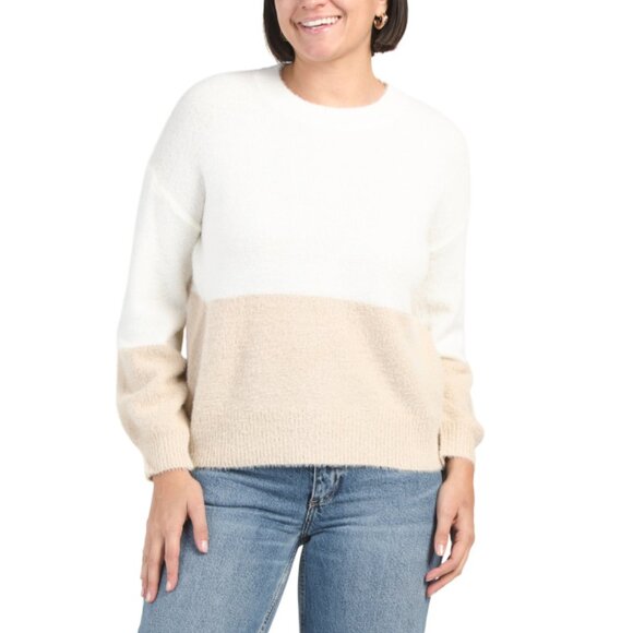 THEO & SPENCE WHITE/TAN Feathered Two Tone Crew Neck Sweater - Picture 1 of 2